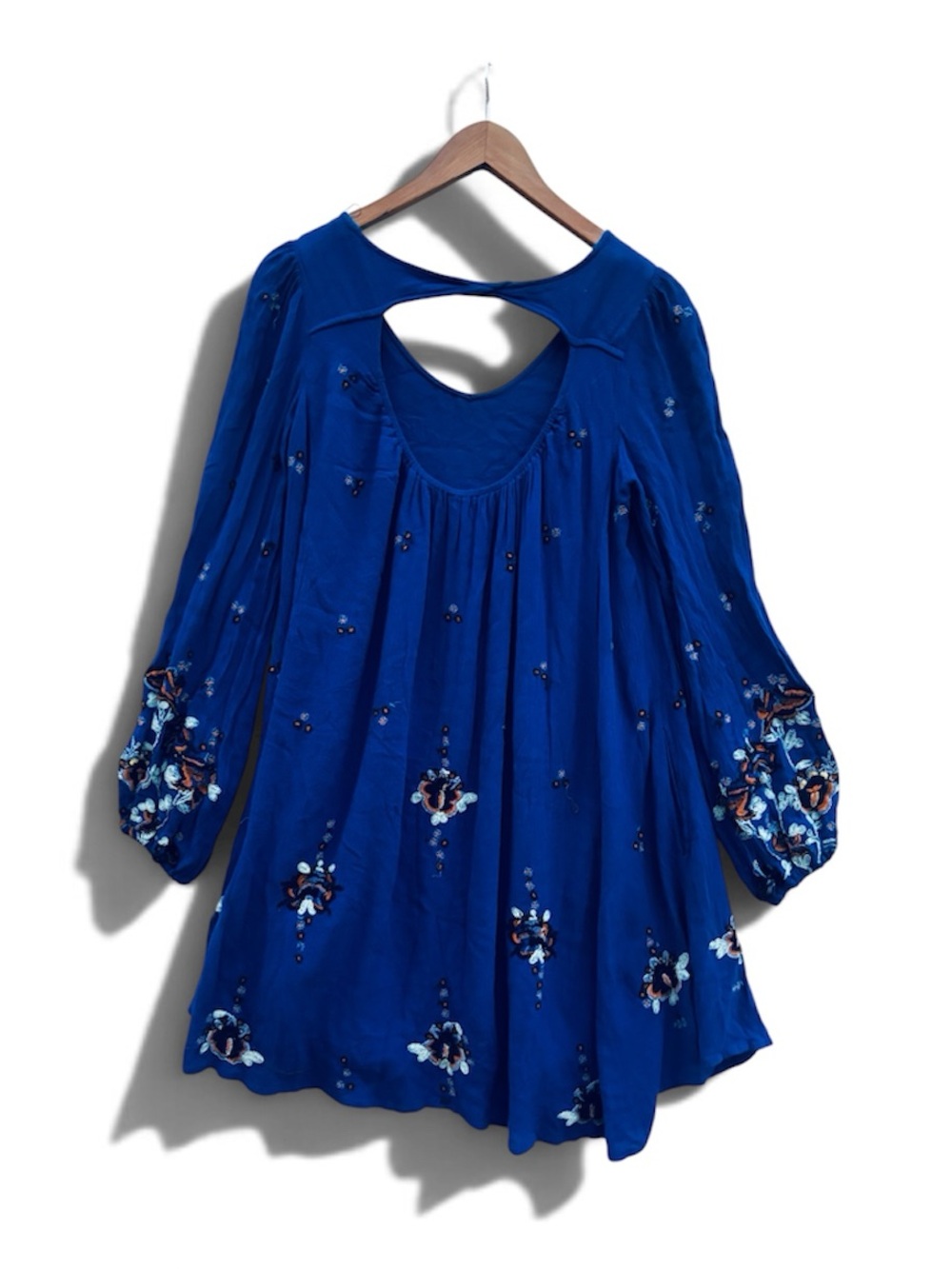 Free People Cobalt Blue Floral Embroidered Long-Sleeve Lined Dress Size XS